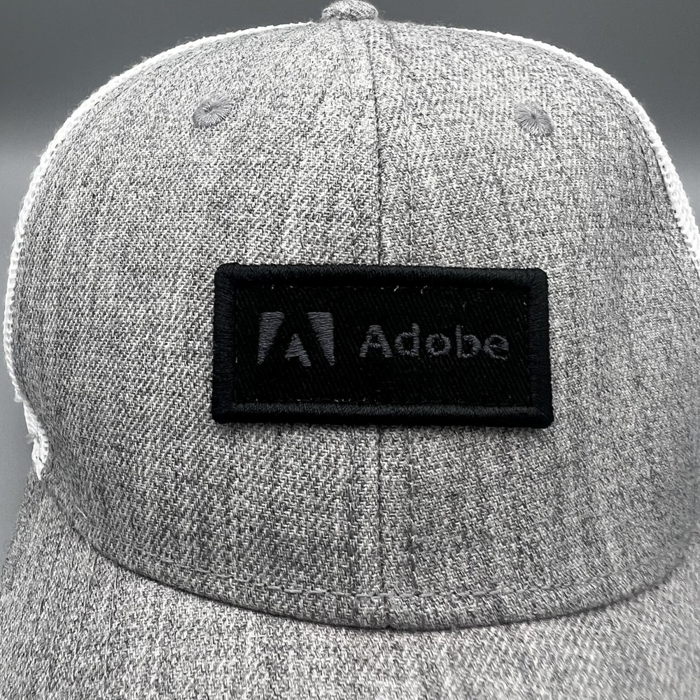 Adobe Systems Corporate Logo Trucker Hat Gray White Mesh Snapback Cap Tech Promo